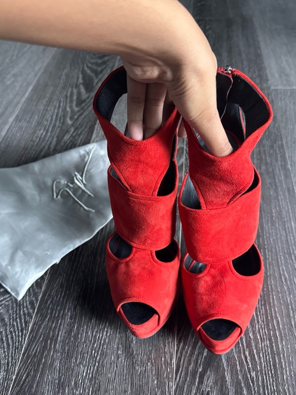 Red Suede Cutout Peep-Toe Heels with Ankle Strap